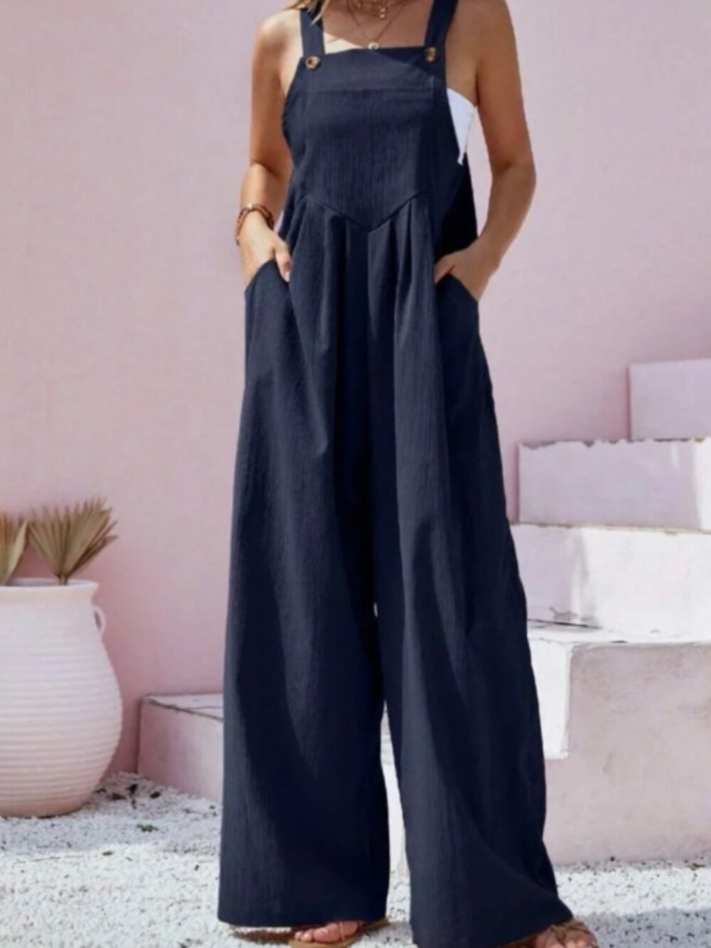 🪷Women's Navy Blue Jumpsuit Boho Wide Leg Overalls Loose Fit 100% Cotton M - Picture 3 of 16